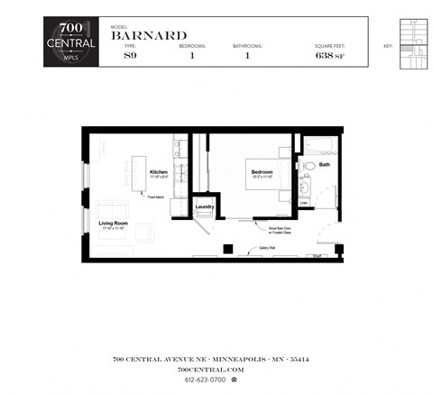 Floor plan for studio, 1 bath, 638 sqft